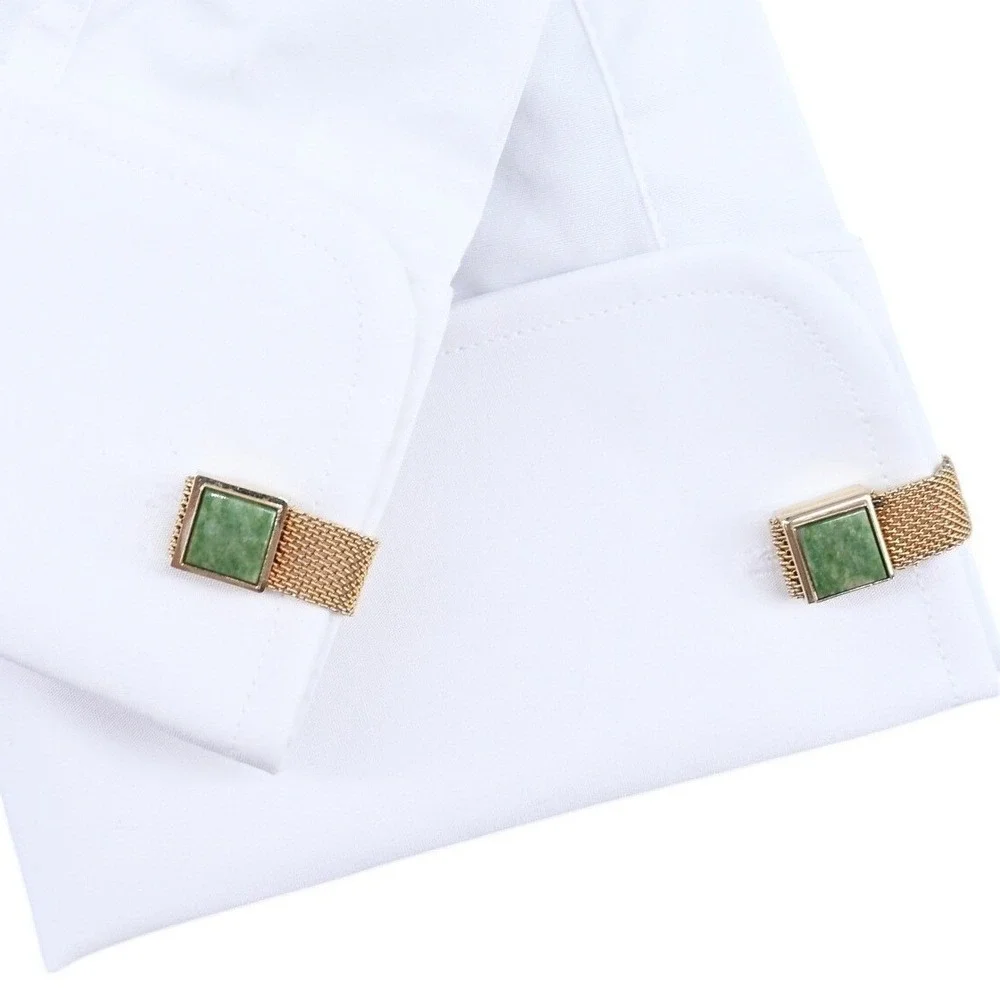 Vintage Gold Mesh Wrap Cufflinks Faux Jade Square Excellent Retro 70s Luxe